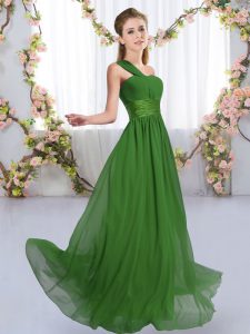 Simple One Shoulder Sleeveless Court Dresses for Sweet 16 Floor Length Ruching Green Chiffon