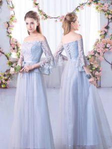 Deluxe Grey 3 4 Length Sleeve Tulle Lace Up Court Dresses for Sweet 16 for Wedding Party