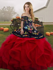 Noble Sleeveless Floor Length Embroidery and Ruffles Lace Up Quinceanera Dress with Red And Black