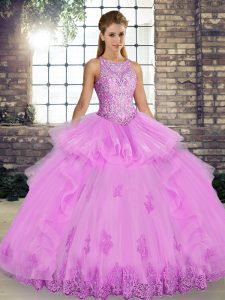 Edgy Lilac Ball Gowns Scoop Sleeveless Tulle Floor Length Lace Up Lace and Embroidery and Ruffles Quinceanera Gown