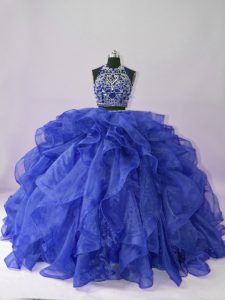 Royal Blue Two Pieces Organza Scoop Sleeveless Beading and Ruffles Floor Length Backless Quinceanera Gown