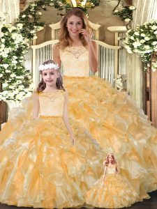 Designer Gold Ball Gowns Organza Scoop Sleeveless Lace and Ruffles Floor Length Clasp Handle Quinceanera Dress