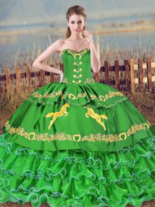 Sweetheart Sleeveless 15th Birthday Dress Brush Train Embroidery and Ruffled Layers Green Organza