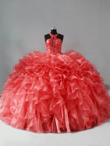 Coral Red Halter Top Zipper Beading and Ruffles Quinceanera Gown Brush Train Sleeveless