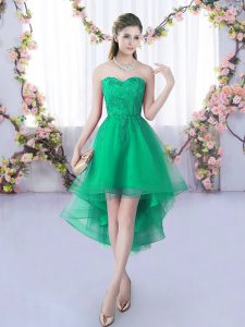 Top Selling Sleeveless Tulle High Low Lace Up Quinceanera Court of Honor Dress in Turquoise with Lace