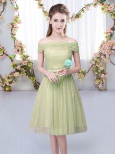 Trendy Olive Green Lace Up Off The Shoulder Belt Quinceanera Court of Honor Dress Tulle Short Sleeves