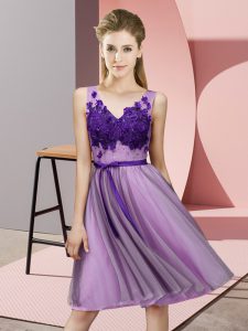 Flare Sleeveless Knee Length Appliques Lace Up Quinceanera Dama Dress with Lavender