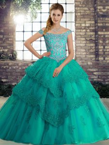 Deluxe Ball Gowns Sleeveless Turquoise 15th Birthday Dress Brush Train Lace Up