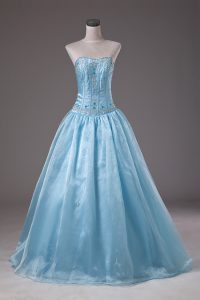 Sleeveless Organza Floor Length Lace Up Quince Ball Gowns in Baby Blue with Beading