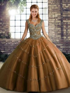 Brown Sleeveless Tulle Lace Up Quinceanera Gown for Military Ball and Sweet 16 and Quinceanera