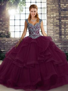 Dark Purple Ball Gowns Straps Sleeveless Tulle Floor Length Lace Up Beading and Ruffles Quince Ball Gowns