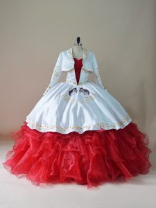 Modest Ball Gowns 15 Quinceanera Dress White And Red Sweetheart Organza Sleeveless Floor Length Lace Up