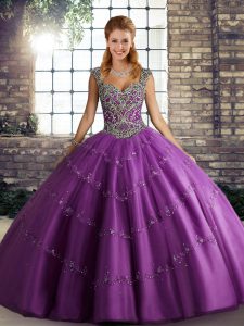 Customized Purple Straps Neckline Beading and Appliques Quinceanera Gown Sleeveless Lace Up