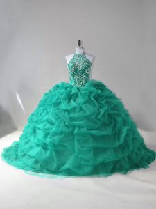 Halter Top Sleeveless Court Train Lace Up Quinceanera Gowns Turquoise Tulle