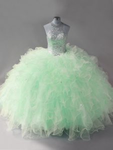 Apple Green Tulle Lace Up Halter Top Sleeveless Floor Length Quinceanera Gowns Beading and Ruffles
