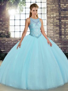 Elegant Scoop Sleeveless 15th Birthday Dress Floor Length Embroidery Aqua Blue Tulle