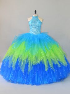 Flare Multi-color Ball Gowns Beading and Ruffles 15 Quinceanera Dress Lace Up Tulle Sleeveless Floor Length