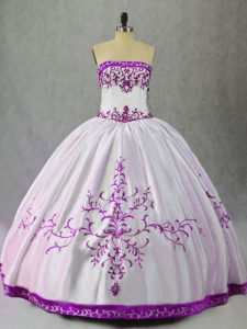 Floor Length White And Purple 15 Quinceanera Dress Satin Sleeveless Embroidery
