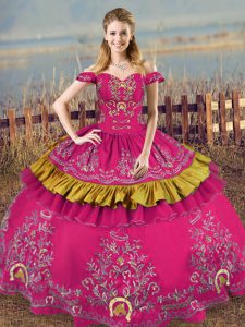 Excellent Fuchsia Ball Gowns Embroidery Sweet 16 Quinceanera Dress Lace Up Organza Sleeveless Floor Length
