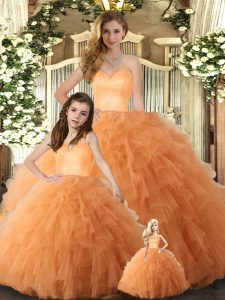 Top Selling Sweetheart Sleeveless 15th Birthday Dress Floor Length Ruffles Orange Tulle