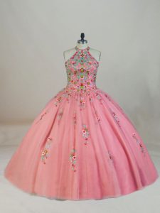 Beauteous Pink Vestidos de Quinceanera Tulle Brush Train Sleeveless Appliques and Embroidery