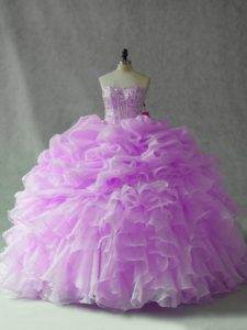 Fantastic Beading and Ruffles and Pick Ups Sweet 16 Dress Lilac Lace Up Sleeveless Brush Train