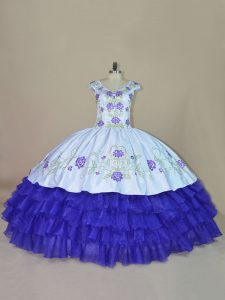 Glamorous Blue and Purple Satin and Organza Lace Up Quinceanera Dresses Sleeveless Floor Length Embroidery and Ruffled Layers