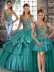 Affordable Teal Lace Up Quinceanera Gowns Beading and Ruffled Layers Sleeveless Floor Length