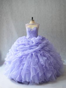 Sleeveless Organza Brush Train Lace Up Sweet 16 Dress in Lavender with Beading and Ruffles and Pick Ups