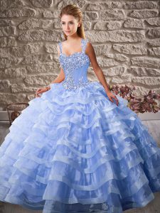 Beauteous Lavender Organza Lace Up Quinceanera Dress Sleeveless Court Train Beading and Ruffled Layers