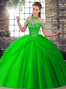 Halter Top Sleeveless Quinceanera Gowns Brush Train Beading and Pick Ups Green Tulle