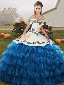Decent Blue And White Sleeveless Floor Length Embroidery and Ruffled Layers Lace Up Quinceanera Gown