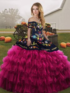 Fantastic Fuchsia Organza Lace Up Off The Shoulder Sleeveless Floor Length Ball Gown Prom Dress Embroidery and Ruffled Layers