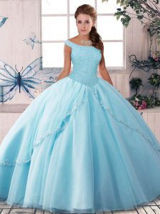 Stylish Light Blue Tulle Lace Up Off The Shoulder Sleeveless Quince Ball Gowns Brush Train Beading