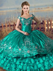 Exquisite Turquoise Lace Up Off The Shoulder Embroidery and Ruffled Layers Vestidos de Quinceanera Satin Sleeveless