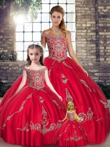Unique Red Off The Shoulder Lace Up Beading and Embroidery 15 Quinceanera Dress Sleeveless