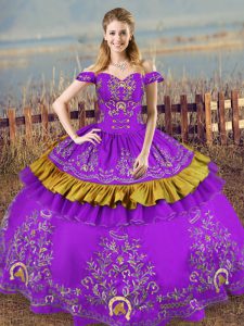 Purple Ball Gowns Off The Shoulder Sleeveless Satin and Organza Floor Length Lace Up Embroidery Quinceanera Dresses