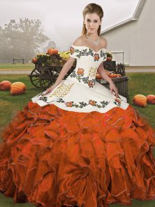 Hot Selling Organza Off The Shoulder Sleeveless Lace Up Embroidery and Ruffles 15th Birthday Dress in Rust Red
