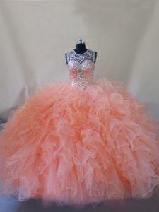 Peach Scoop Neckline Beading and Ruffles Quinceanera Gowns Sleeveless Lace Up