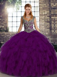 Sweet Straps Sleeveless Organza Ball Gown Prom Dress Beading and Ruffles Lace Up
