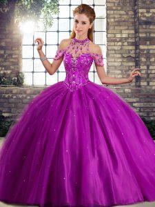 Fashion Purple Ball Gowns Halter Top Sleeveless Tulle Brush Train Lace Up Beading 15 Quinceanera Dress