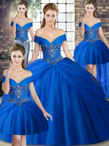 Modern Royal Blue Quinceanera Gowns Tulle Brush Train Sleeveless Beading and Pick Ups