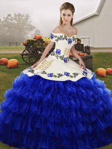 Royal Blue Off The Shoulder Lace Up Embroidery and Ruffled Layers Sweet 16 Quinceanera Dress Sleeveless