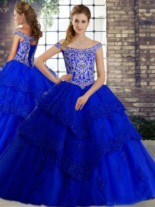 Inexpensive Royal Blue Quinceanera Dresses Military Ball and Sweet 16 and Quinceanera with Beading and Lace Off The Shoulder Sleeveless Brush Train Lace Up