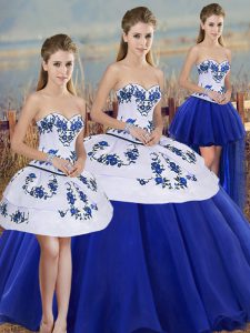 Royal Blue Ball Gowns Tulle Sweetheart Sleeveless Embroidery and Bowknot Floor Length Lace Up Ball Gown Prom Dress