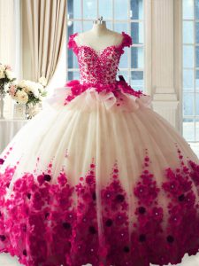 Custom Designed Tulle Sleeveless Ball Gown Prom Dress Brush Train and Hand Made Flower