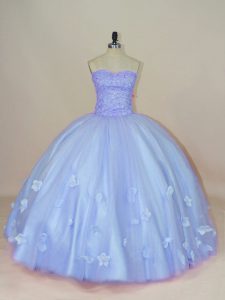 Custom Fit Lavender Sleeveless Beading and Hand Made Flower Floor Length Quinceanera Dress
