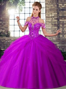 Dramatic Purple Lace Up Quince Ball Gowns Beading and Pick Ups Sleeveless Brush Train
