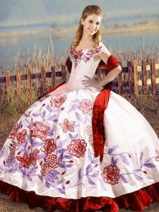 Satin Sleeveless Floor Length Quinceanera Gowns and Embroidery and Ruffles