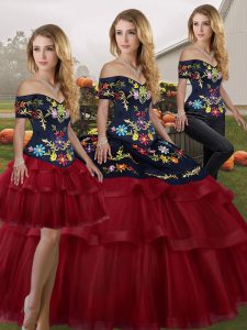 Flare Wine Red Sleeveless Brush Train Embroidery and Ruffled Layers Quinceanera Gowns